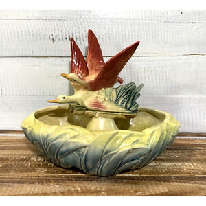 McCoy Flying Ducks Planter Bowl Pink Green & Yellow 1950’s 11” x 7 1/2”x 8 1/4”
